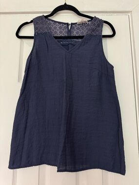 Sleeveless Navy Lace-Yoke Tank Top - Women's